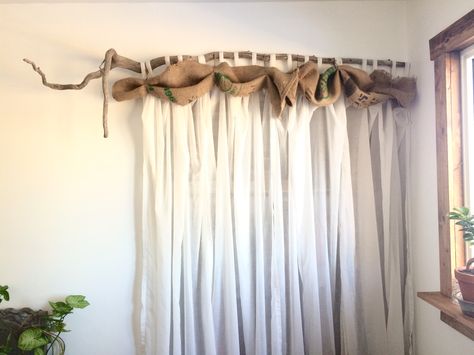 Driftwood Curtain Rod Driftwood Curtain Rod, Branch Curtain Rods, Dnd Room, Building Hacks, Wood Curtain Rods, Star Craft, Driftwood Ideas, Fairy Room, Wood Curtain