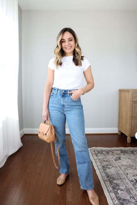 Six ways to wear a white t-shirt via pumps and push-ups blog | spring denim | spring outfit | petite fashion Denim Shirt Styling, Spring Outfits Petite, White Tee And Jeans Outfit, White Shirt Styling, White Shirt And Jeans Outfit, White Tshirt Outfit, Conrad Style, Outfit Petite, Jeans And T Shirt Outfit