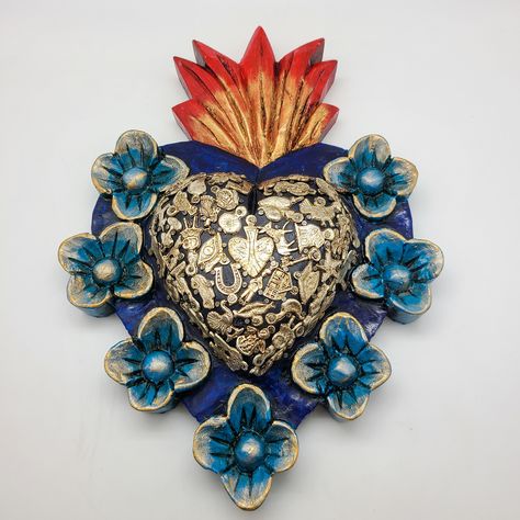 Hand-carved Milagro Heart from Mexico *Random selection of milagros on every heart* Milagro Heart, Heart Pottery, Sacred Heart Art, Shrines Art, Sacred Hearts, Painted Hearts, Arte Popular, Tucson Az, Mexican Art