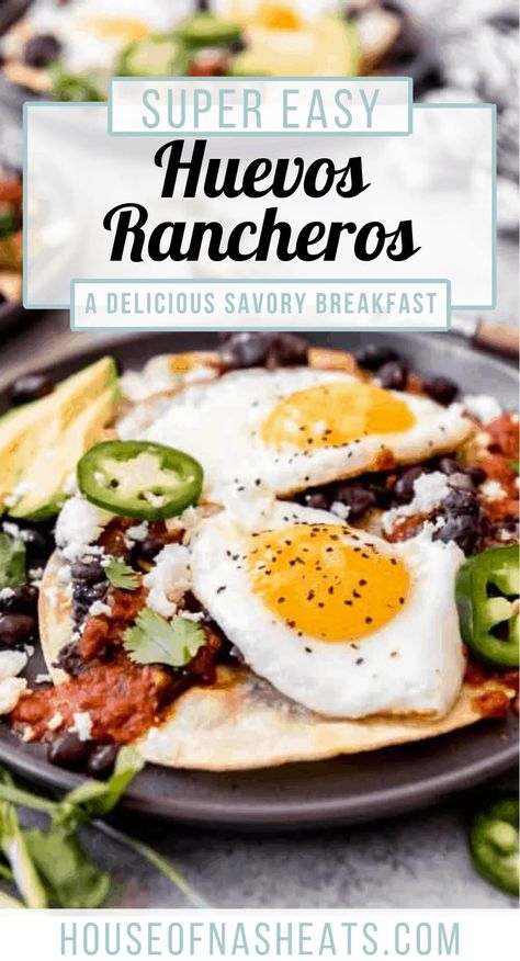 Huevos Rancheros is a classic Mexican breakfast that will leave you more than satisfied. Crisp corn tortillas, topped with a bed of black beans, a fried egg, homemade ranchero sauce, and delicious toppings. This recipe is a savory breakfast dream! | huevos rancheros recipe mexican | huevos rancheros recipe authentic | huevos rancheros breakfast | huevos rancheros recipe breakfast Hue Is Rancheros Recipe, Juavoes Rancheros, Hue Is Rancheros, Huevos Rancheros Skillet, Huevos Ranchero, Huevos Rancheros Breakfast, Ranchero Sauce, Huevos Rancheros Recipe, College Recipes