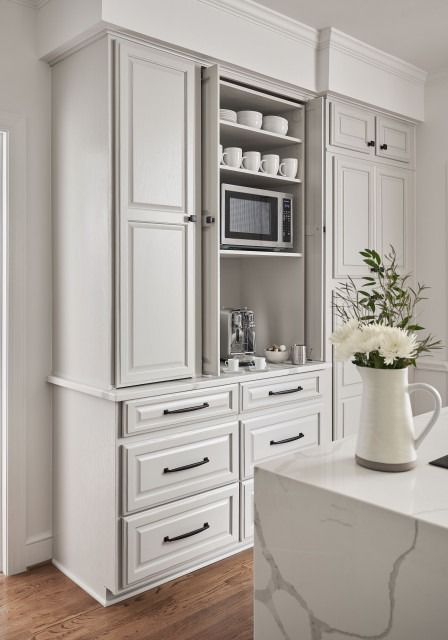 10 Steps to an Organized and Functional Kitchen Built In Coffee Bar, Kitchen Coffee Bar Ideas, White Kitchen Cabinet, Gray Shaker Cabinets, Kitchen Coffee Bar, Coffee Cabinet, Coffee Bar Station, Coffee Bar Ideas, Coffee Stations