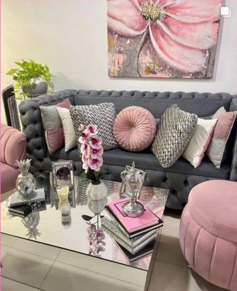 Boujee Aesthetic Room Decor Luxury, Modern Living Room Decor Grey, Pink And Grey Painting, Living Room Ideas Contemporary, Pink And Grey Living Room, Glass Living Room Table, Living Room Decor Grey Sofa, Room Ideas Contemporary, Living Room Decor Grey