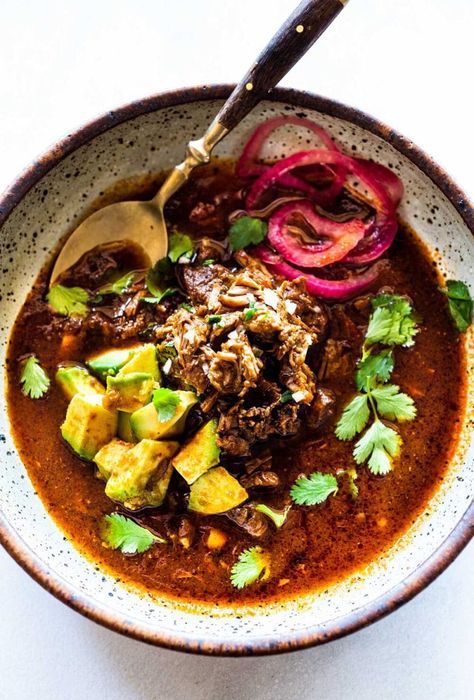 An authentic recipe for Birria, a flavorful Mexican Stew made with beef, lamb or goat that can be made in an Instant Pot, Dutch Oven or Slow Cooker. Serve this in a big bowl or make Birria Tacos - the best! #birria #birriatacos #mexicanstew #tacos Authentic Birria Recipe, Authentic Birria, Birria Recipe, Beef Birria, Mexican Stew, Birria Tacos, Best Instant Pot Recipe, Divine Guidance, Hearty Stews