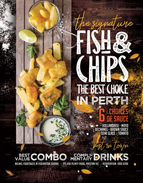 Fish and Chips Food Truck or Restaurant Flyer #Affiliate #Food, #sponsored, #Chips, #Fish, #Flyer Fish And Chip Restaurant, Fish And Chips Illustration, Fish And Chips Takeaway, Chips Food, Fish Shop, Restaurant Poster, Dog Foods, Restaurant Flyer, Wet Dog