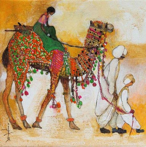 Avengers Poster Art, Rajput Painting, Rajasthan Art, Camels Art, Mural Art Design, Rajasthani Art, Fancy Art, Village Scene, Canvas Paint