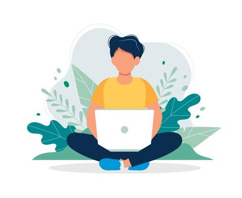 Man with laptop sitting in nature and leaves. Concept illustration for working, freelancing, studying, education, work from home. Vector illustration in flat cartoon style Sitting In Nature, Man With Laptop, Home Office Design On A Budget, Computer Illustration, Vintage Bookshelf, Illustration Story, Concept Illustration, Christian Messages, Flat Illustration