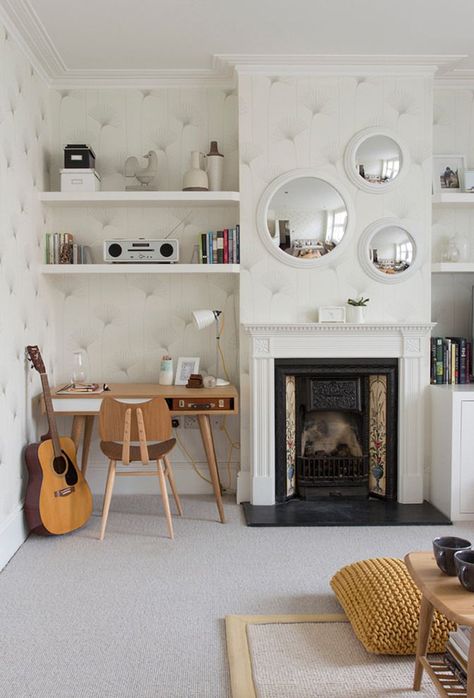 Alcove Desk, London Living Room, Classic Fireplace, Office Nook, Edwardian House, Desk In Living Room, Perfect Living Room, Trendy Living Rooms, Victorian Vintage