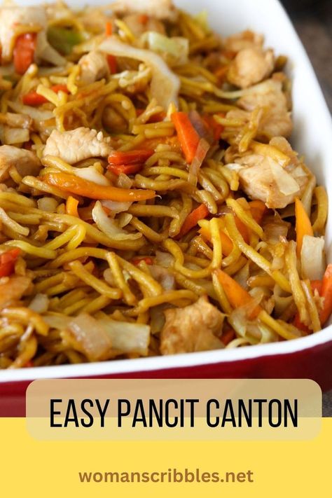 Easy pancit canton on a red dish. Pancit Canton Recipe, Canton Noodles, Filipino Desert, Chicken And Rice Dinner, Mexican Bread Pudding, Bibingka Recipe, Easy Asian Noodles, Ramen Rice, Pancit Canton