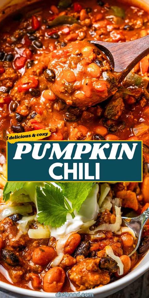 This pumpkin chili is the ultimate cozy meal, packed with savory ground beef, pumpkin puree, and a blend of fall spices. It’s an easy, flavorful, one-pot dinner that’ll warm you up from the inside out! #pumpkin #chilirecipe #fall Chili With Pumpkin Puree, Whole Pumpkin Recipes Dinner, Inside Out Pumpkin, Pumpkin Recipes Savory, Recipes With Pumpkin Puree, Pumpkin Dinner Recipes, Diethood Recipes, Pumpkin Recipes Dinner, Pumpkin Stew