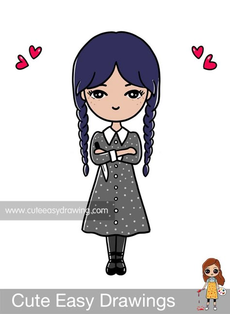 How to Draw a Cute Wednesday Addams | Netflix Wednesday Jenna Ortega Cute Wednesday Addams, Addams Drawing, Wednesday Addams Drawing, Cute Wednesday, Addams Family Theme Party, Wednesday Jenna, Netflix Wednesday, Addams Family Theme, Cute Doodles Drawings