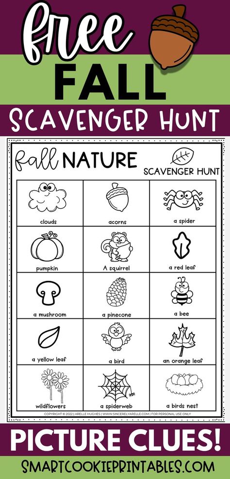 The image displays a free fall nature scavenger hunt printable, featuring 15 picture items with their titles (for example, a picture of a bird with the word "bird" underneath) for kids to find. Kindergarten Scavenger Hunt, Fall Nature Scavenger Hunt, Fall Scavenger Hunt For Kids, Autumn Preschool Printables, Nature Scavenger Hunt Printable, Nature Walk Scavenger Hunt, Preschool Scavenger Hunt, Neighborhood Scavenger Hunt, Fall Scavenger Hunt