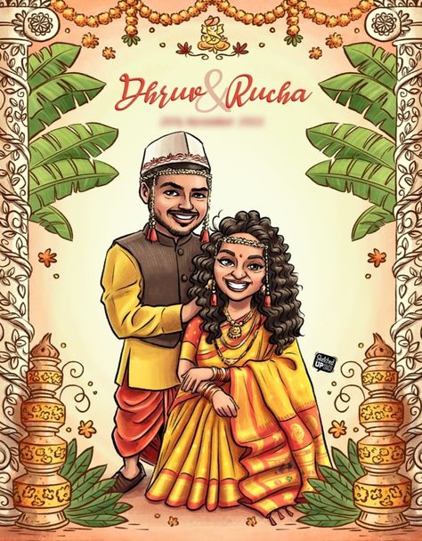 Marathi Wedding Caricature, Illustration Palette, Haldi Invite, Wedding Invitation Card Wording, Ganpati Painting, Wedding Invitations Examples, India Drawing, Couple Illustrations, Cartoon Wedding Invitations