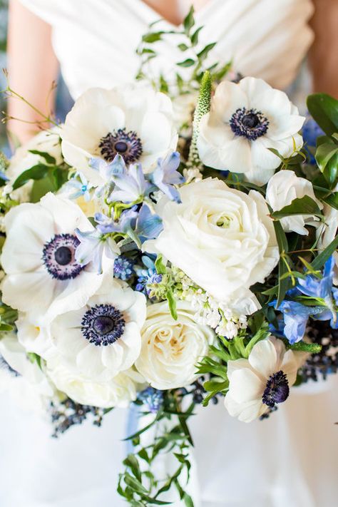 Photography by Hope Taylor Photography Courtney Inghram Richmond Virginia wedding florist French blue and white bride bouquet with anemones, garden roses and ranunculus silk ribbons and jasmine vine greenery southern wedding inspiration October Bouquet, Shades Of Blue Wedding, Vine Greenery, Talavera Wedding, Bride Bouquets White, Anemone Wedding, Book 2023, Anemone Bouquet, White Bouquets