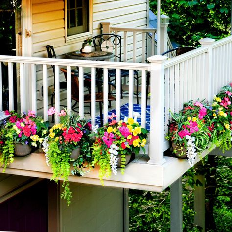 "PLEASE READ THIS LISTING CAREFULLY. The railing planter reimagined. Get GET READY to turn your cramped balcony into a spacious oasis without lifting a tool. ALL YOU NEED is at least 4\" of ledge outside bottom horizontal rail (see photos) & at least 2\" between vertical spindles. The Trap does the rest. Plant Traps extend that little ledge beyond the base of your railing into the perfect place for a FLOATING GARDEN BED. Just slide them under the bottom rail, place planter on the shelf & secure Flower Boxes For Railings, Balcony Railing Planters, Deck Railing Planters, Railing Planters, Floating Garden, Balcony Flowers, Garden Shelves, Apartment Plants, Big Plants