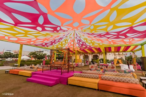 Have Fest, Overhead Decor, Music Festival Decor, Cabana Decor, Event Ideas Creative, Haldi Decor, Ceiling Options, Holi Party, Garden Centerpiece