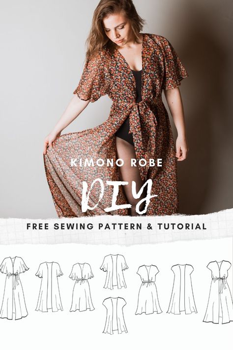 Free allure robe dress sewing pattern and tutorial. Easy sewing project for beginners. Kimono shirt, overdress, swimsuit cover, flutter sleeve dress. Easy Sewing Patterns Dresses, Easy Robe Pattern, Overdress Pattern, Beach Dress Pattern, Robe Dress Pattern, Dress Over Swimsuit, Free Robe Pattern Sewing, Free Robe Pattern, Kimono Dress Sewing Pattern