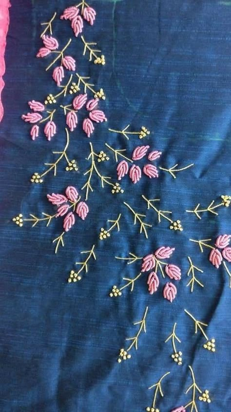 Hand Work Top Design, Embroidery On Blue Fabric, Top Embroidery Designs, Handwork Design, Bullion Embroidery, Brazilian Embroidery Stitches, Sulaman Pita, French Knot Embroidery, Saree Embroidery