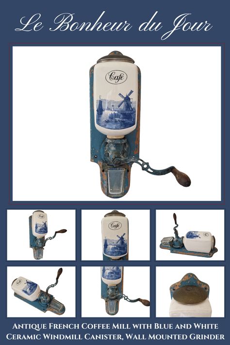 A classic antique French coffee mill from the early 20th century. This wall-mounted coffee grinder showcases a ceramic canister adorned with a traditional windmill design in classic blue and white. Equipped with a durable steel metal grinding mechanism, this mill comes with a small glass jar for effortlessly gathering the freshly ground coffee. Its canister and mechanism are securely attached on a wooden plaque, painted in a shade of French blue. #coffeemill #coffeegrinder #lebonheurdujour #etsy Vintage Office Decor, Metal Grinding, Small Glass Jars, Windmill Design, Wooden Wall Plaques, Coffee Grinders, French Coffee, Ceramic Canister, Securely Attached