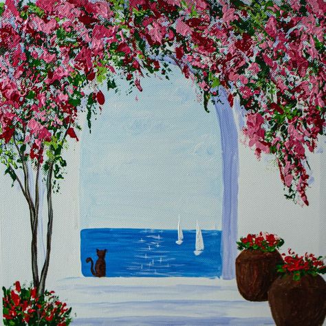 Arch Painting, Greece Drawing, Greece Painting, Sea Drawing, Greece Art, Flower Arch, Pen Art Drawings, Travel Painting, Canvas Painting Designs