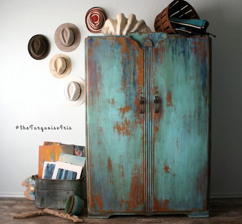 Bohemian Vintage Wardrobe Hand Painted in Sante Fe Turquoise & Windsor Blue | The Turquoise Iris Vintage Hand Painted Furniture, Montana Sky, Bohemian Furniture, Statement Decor, Boho Furniture, Antique Doors, Distressed Furniture, Vintage Wardrobe, Furniture Painting