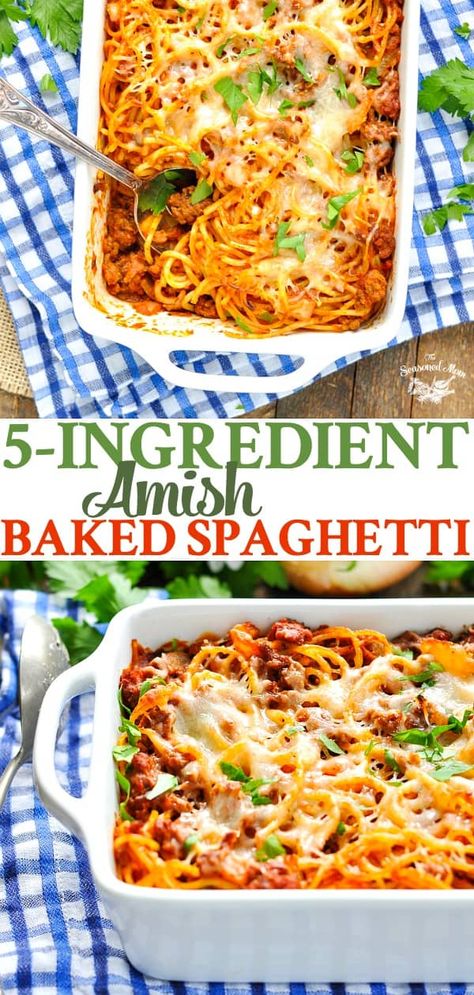 This 5-Ingredient Amish Baked Spaghetti is an easy dinner recipe that the whole family will love! #pasta #beef #groundbeef #dinner #ItalianFood #TheSeasonedMom Easy Baked Spaghetti Recipe, Pasta Beef, Easy Baked Spaghetti, Baked Spaghetti Casserole, Baked Spaghetti Recipe, Spaghetti Casserole, Easy Dinner Recipe, Baked Spaghetti, Amish Recipes