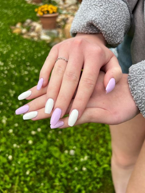 Sculped gel nails, painted with LE pastel purple, magic universal white, and LE sparkle Light Purple And White Nails, Purple White Nails, Nails Painted, Purple Magic, White Coffin Nails, Pastel Purple, Nail Paint, Nail Arts, Purple Nails