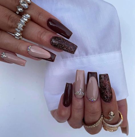 Nail Shapes Square, Brown Nail Art, Brown French, Nagellack Trends, Golden Nails, Pointed Nails, Sparkle Nails, Fake Nail, Diamond Nails