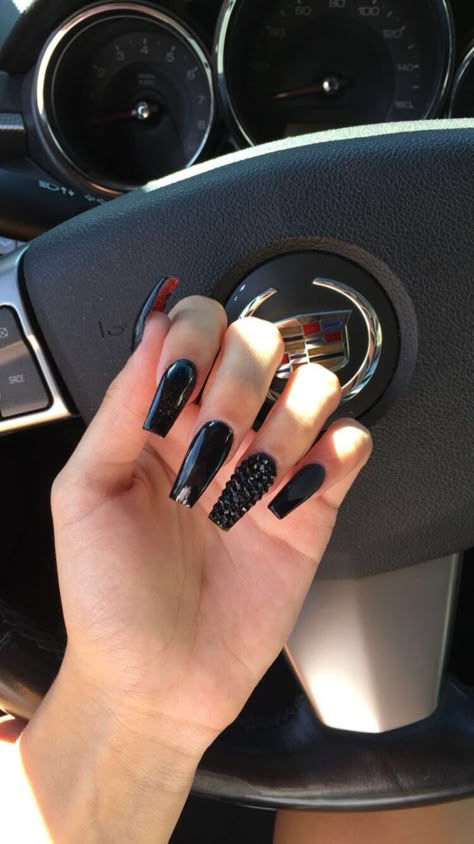 Redbottom Nails Black, Black Bottom Nails, Red Bottom Nails With Rhinestones, Red Bottom Nails Coffin, Mate Black Nails, Black Nails Red Bottoms, Black Nails With Diamonds, Red And Black Prom Nails, Black Red Bottom Nails