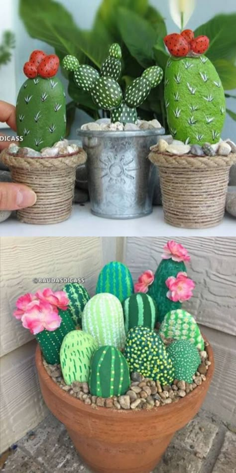 Stone Cactus, Painted Rock Cactus, Rock Cactus, Cactus Craft, Cactus Painting, Painted Rocks Craft, Art And Craft Videos, Painted Rocks Diy, Cactus Decor