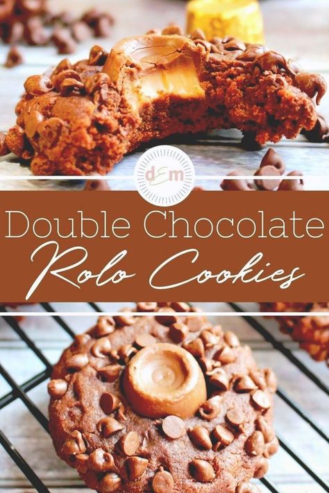 If you love Rolo’s caramel filled candies, then these Double Chocolate Rolo Cookies will be your favorite! This Rolo cookies recipe is made with a double chocolate cookie dough, for a chewy, chocolatey, caramel filled bite! || Delightful E Made Cookies With Store Bought Dough, Chocolate Rolo Cookies, Rolo Cookies Recipe, Chocolate Breakfast Recipes, Store Bought Dough, Healthy Chocolate Treats, Rolo Cookies, Oreo Cookie Recipes, Chocolate Dipped Cookies