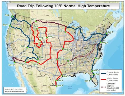 An updated map from climate scientist Brian Brettschneider provides year-long interior and coastal routes that span more than 7,000 miles. Rv Trips, Road Trip Map, Mexico Map, Usa Roadtrip, Canada Map, 70 Degrees, Eastern Oregon, Cross Country Road Trip, Road Trip Routes