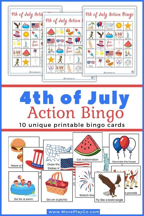 4th of July Action Bingo Pin 1 4th Of July Speech Therapy Activities, 4th Of July Group Activities, 4th Of July Activities, 4th Of July Games, July Activities, Physical Activities For Kids, Summer Play, Speech Activities, Preschool Games