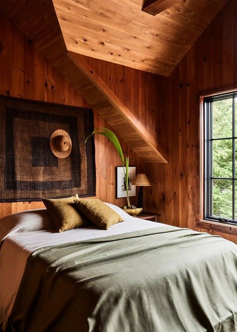 Robert Mckinley, Wood Panel Bedroom, Knotty Pine Walls, Bungalow Renovation, Airbnb Design, Red Bar, Pine Walls, Bedroom Panel, Wood Panel Walls