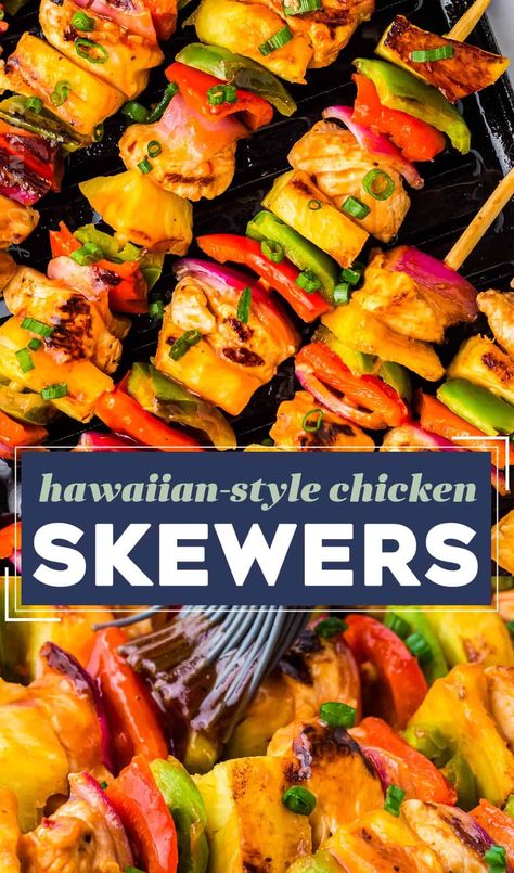 Chicken is marinated in a semi-homemade Hawaiian-style bbq sauce, then threaded onto skewers with peppers, pineapple, and onions, then grilled to perfection! Perfect for a summer dinner, and I've included oven directions as well. Hawaiian Chicken Kabobs On The Grill, Chicken Squewers Recipes Oven, Kabob Recipes Oven, Bbq Skewer Ideas, Hawaiian Skewers, Chicken Kabobs On The Grill, Chicken Skewers Grilled, Barbeque Sauces, Skewers On The Grill