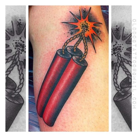 #dynamite #tnt #shortfuse #jerryolddog #olddogtattoo #lucky7oslo #traditional #oldschool #tattoo #tatovering #tattooawesomeness Dynamite Tattoo, Tnt Tattoo, Traditional Back Tattoo, Traditional Heart Tattoos, Tattoo Perna, Molecule Tattoo, Traditional Tattoo Inspiration, Tattoo Filler, Pin Up Tattoos