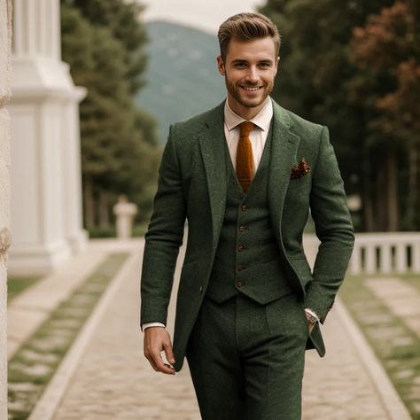 Mens’ Casual Classic Tweed Notch Lapel Tuxedos --3 Piece – sweetearing Mens Green Tweed Suit, Groomsmen Attire Autumn Wedding, Green Tweed Suit Wedding, Wool Suits Men, Forest Wedding Suit, Green Suits Wedding, Green Groomsmen Attire, Vintage Groomsmen Attire, Green And Brown Wedding