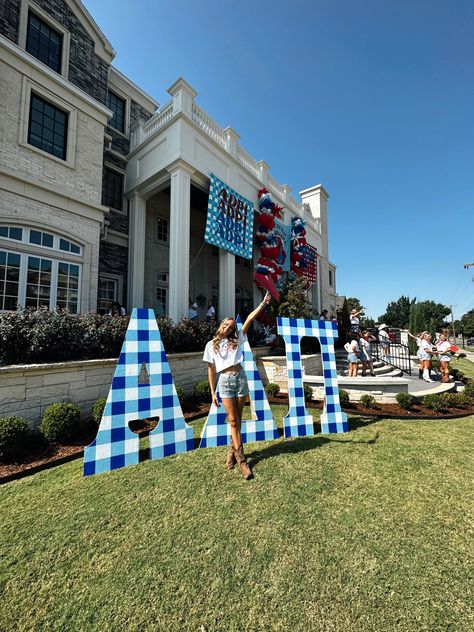 Bid Day Name Signs, Wizard Of Oz Bid Day Theme, My My Miss American Pie Bid Day Theme, Miss American Pie Bid Day, Adpi Bid Day, Adpi Letters, Greek Letters Painted, Adpi Merch, Sorority Girls