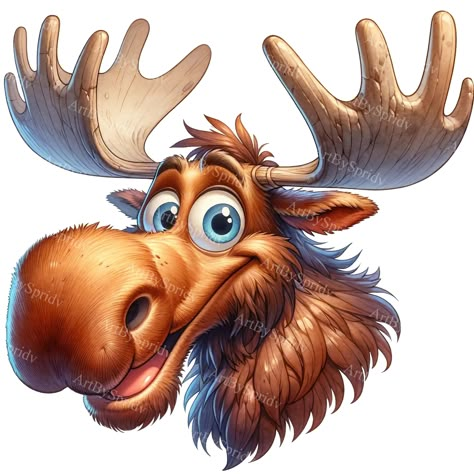 Watercolor Moose, Cartoon Moose, Moose Pictures, Head Clipart, Tumblers Sublimation, Animal Caricature, Moose Head, Clipart Cartoon, Clipart Design