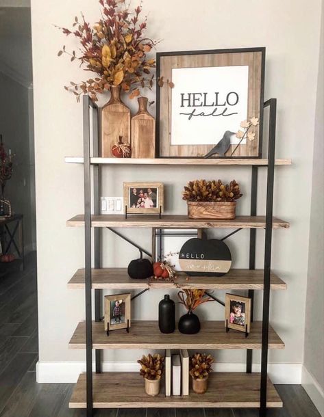 Fall Decor For Shelf, Decorated Shelf In Living Room, 5 Tier Bookshelf Decor, Living Room Stand Decor, 5 Tier Shelf Decor Living Room, Fall Ladder Shelf Decor Ideas, Western Bookshelf Decor, 5 Tier Shelf Decor, Fall Decor Shelves Living Room