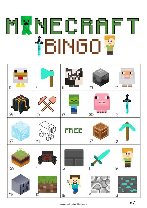 50 Minecraft Bingo Cards (5x5) Minecraft Bingo Printable Free, Minecraft Party Activities, Minecraft Bingo, Minecraft Party Games, Minecraft Party Food, Minecraft Activities, Minecraft Party Printables, Tnt Minecraft, Minecraft Bday