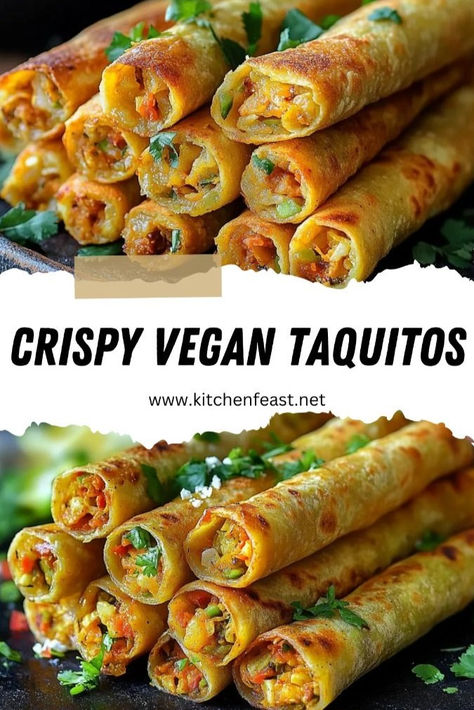 Try these Crispy Vegan Taquitos filled with spiced beans and sweet potatoes for a delicious, plant-based meal. Perfect for snacking or dinner! Vegetarian To Go Lunch, Vegan Recipes With Tortillas, Vegan Taco Bar Ideas, What Do Vegans Eat, Savory Vegetarian Snacks, Vegan Taquitos Baked, Vegetable Vegan Recipes, Taquitos Recipe Vegetarian, Vegan Gluten Free Dinner Ideas