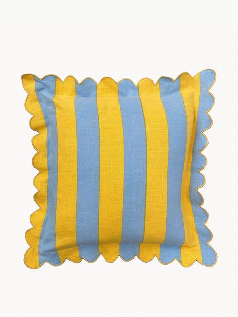 Lemon & azure outdoor stripe scallop cushion cover - Collagerie.com Ceramic Pinch Pots, Pottery Plant Pot, Seed Box, Outdoor Cushion Covers, Striped Cushions, Cushion Pattern, Water Repellent Fabric, Blue And Yellow, Outdoor Cushions