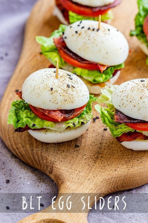 BLT Egg Sliders Pin Egg Blt, Egg Sliders, Chocolate Appetizers, Perfect Boiled Eggs, Savory Apps, Blt Bites, Winter Appetizers, Eggs Recipes, Hard Boiled Egg