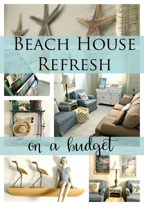 Beach House Refresh on a Budget- Lots of great ideas for giving a small beach house a makeover to maximize space without spending much. Beach Renovation Ideas, Beach House Makeover Before After, Decorating Beach House Ideas, Beach House Decor Diy Budget Kitchen Makeovers, Beach House Chic Interior Design, Tiny Beach House Interior Coastal, Beach House Necessities, Small Beach House Kitchen Cottage, How To Decorate A Beach House