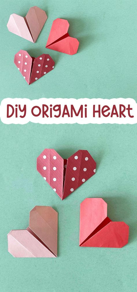 Origami Heart How To Make Origami Hearts, Valentines Construction Paper Crafts, Small Origami Hearts, Origami Heart Tutorial, How To Make Origami Hearts 3d, Origami Heart Envelope Tutorial, Tiny Origami Hearts, Easy Origami Heart Bookmark, Origami Triangle