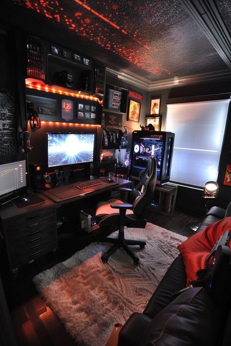 Couple Gaming Room Setup, Hacker Room, Girls Bedroom Color Schemes, Gaming Room Ideas, Men's Bedroom, Tech Room, Pc Design, Gamer Setup, Chill Room