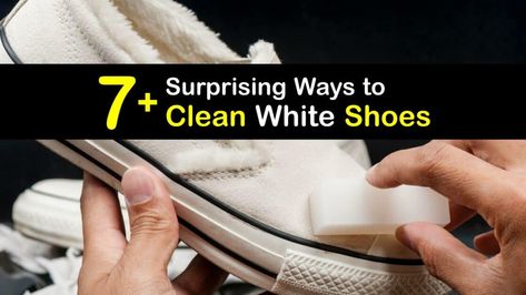 Discover ways to clean white sneakers to remove everyday dirt and tough stains. It’s easy to clean a white sneaker, whether it’s a canvas, suede, or leather shoe using laundry detergent, white vinegar, baking soda, or a Magic Eraser. #howto #clean #white #shoes Shoe Cleaner Diy, Cleaning White Shoes, How To Whiten Shoes, Cleaning White Canvas Shoes, White Shoes Cleaning, Clean Canvas Shoes, Clean White Shoes, White Shoes For Men, Clean White Sneakers