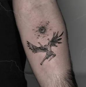 Masculine Minimalist Tattoo, Icarus And The Sun Tattoo, Small Icarus Tattoo, Icarus Reaching For The Sun Tattoo, Icarus Flying Tattoo, Greek Sun Tattoo, Sun God Tattoo, Icarus Tattoo With Sun, Greek God With Wings Tattoo