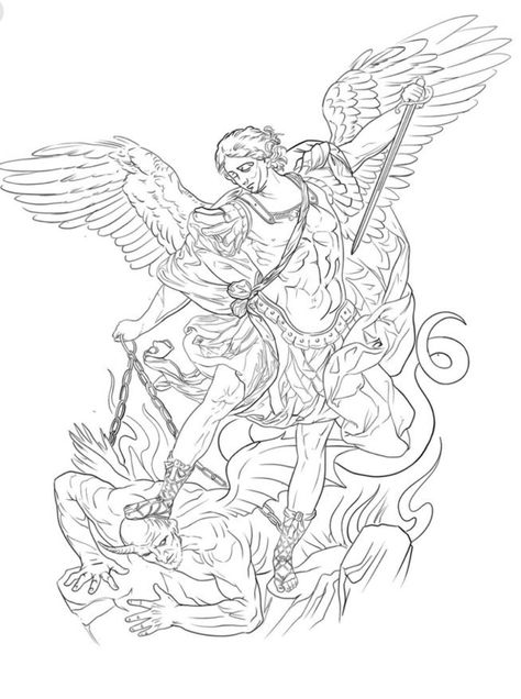 Michael Vs Lucifer Tattoo, St Michael Drawing, Arhangel Mihail Tattoo, Saint Michael Tattoo Stencil, St Michael Tattoo Design, Saint Michael Tattoo Design, Angel Statue Tattoo, Arch Angel Michael Tattoo, Michael Angelo Tattoo