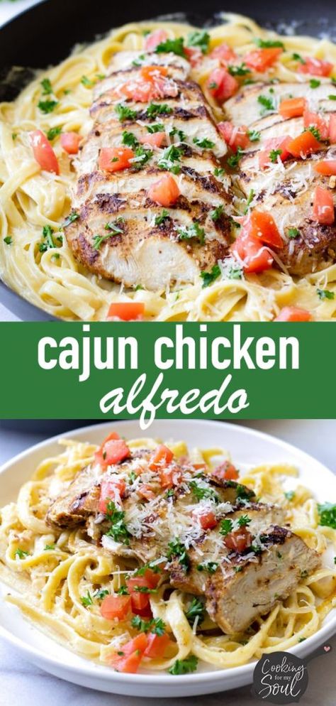 Cajun Chicken Alfredo Pasta! Creamy Cajun chicken Alfredo is ultimate comforting pasta dish. Made with tender Cajun chicken breast, creamy alfredo sauce and fettuccine. For freshness, this is topped with parsley and diced tomatoes. Delicious! #chickenalfredo #cajunchicken #cajunchickenpasta #alfredopasta #cookingformysoul | cookingformysoul.com Cajun Chicken Alfredo Pasta, Cajun Chicken Breast, Creamy Cajun Chicken, Cajun Chicken Alfredo, Creamy Alfredo Sauce, Pasta Creamy, Chicken Alfredo Recipes, Chicken Alfredo Pasta, Cajun Chicken Pasta